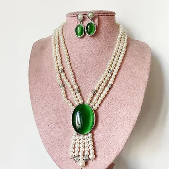Emerald камък, бяла перлена огърлица, обеци, бижута комплекти, нови модни комплекти за младоженци, подаръци за жени, за сватба с кристали