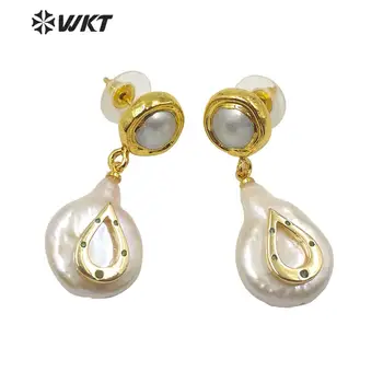 WT-E604 WKT Обици от естествени перли, Обици с капки вода Обеци с покритие покритие от перли и фианитного gold Дамски модни Бижута обици