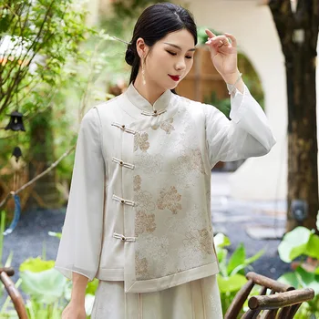 Висококачествен пролетно-есенна жилетка в китайски стил, ретро жаккардовый елегантен женски жилетка с цветен модел, S-XXL