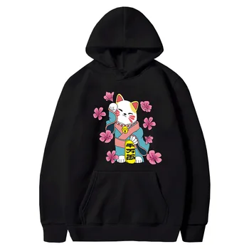 Градинска hoody с принтом Maneki Neko Лъки Cats 2022 Kawaii Woman Sweatshirt Fortune Cat Есен-зима, мек вълнен плат пуловер от памук