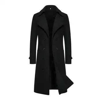 Дълго палто, однотонное мъжко палто, двубортное мъжко палто, оборудвана приятелка, средна дължина, дълъг ръкав, гъст ветрозащитное топло однотонное