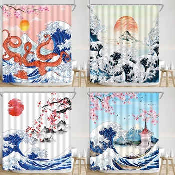 Завеса за душа в японската традиционна тематика, Вълна Октопод Сакура Ин Ян Риби Кои Червеното Слънце Кран Fuji Декорация на баня