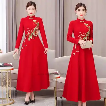 китайското винтажное рокля ципао 2024 година, подобрено ципао с национална бродерия на цветя, трапециевидное източното вечерна рокля за банкет qipao