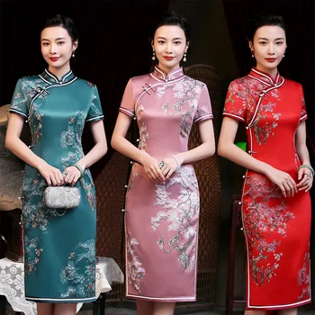 Мода Seiko Diamond Silk Qipao Лятно дамско Ново ежедневна рокля в китайски стил с къс ръкав за банкет средна дължина в литературния ретро стил