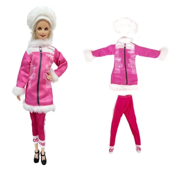 Официален комплект от 3 теми розово зимно облекло за кукли noble winter: бяла шапка + дълга дрехи + розови панталони за кукли Барби 1/6 Играчка къща