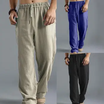 Плюс Размер Мъжки Памучни Дълги Ленени Панталони С еластична Талия Преки Свободни Панталони