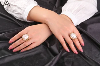 Романтично Женско Годежен пръстен от естествени перли, Позлатените Отворен пръстен на пръста си, Модно Бижу украса, Подаръци Романтично Женско Годежен пръстен от естествени перли, Позлатените Отворен пръстен на пръста си, Модно Бижу украса, Подаръци 1