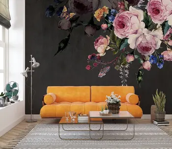 Цветен стенопис, тъмен фон, wallpaper с цветен модел, Шелушащиеся тапети, Големи цветя, Лесно премахва тапети в ретро стил.