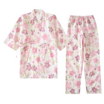 Японското кимоно дамски Пижами от чиста памучна прежда Пролетно-лятно Фините памучни рокля с климатик за домашна дрехи Комплект